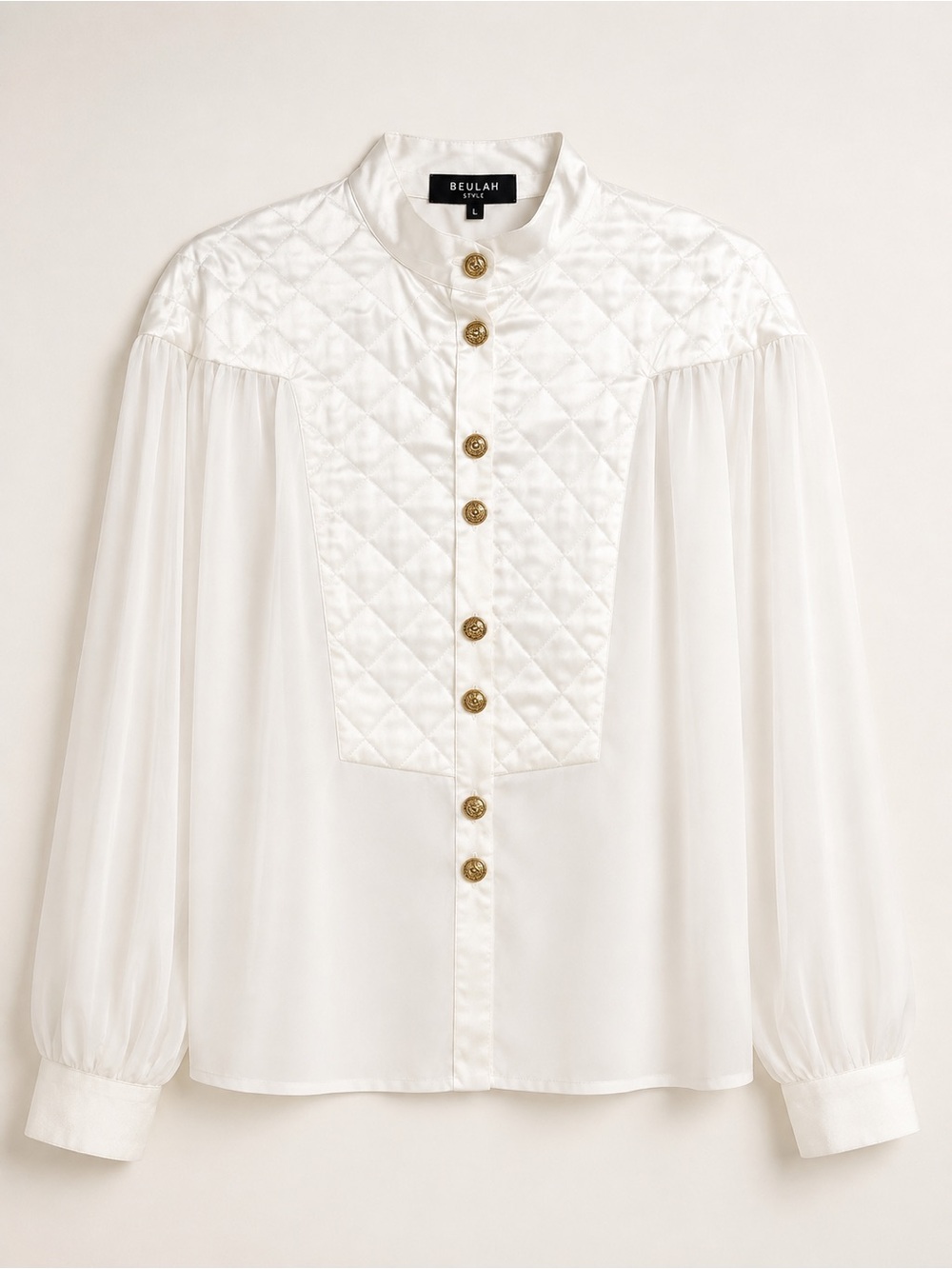Beulah Style White Satin Quilted Blouse | Gold Crest Buttons | Size L